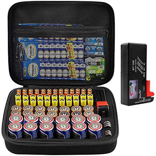 Comecase Hard Battery Organizer Storage Box Carrying Case Bag - Holds 80 Batteries AA AAA C D - - with Battery Tester BT-168 (Bag Only)