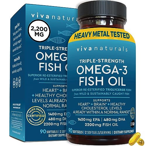 Viva Naturals EPA DHA Omega 3 Supplement - 2200 mg Triple-Strength Omega 3 Fish Oil per Serving Supports Heart and Brain Health, Wild Caught Fish Oil 1000 mg Omega 3 Fatty Acids per Softgel - 90 Count