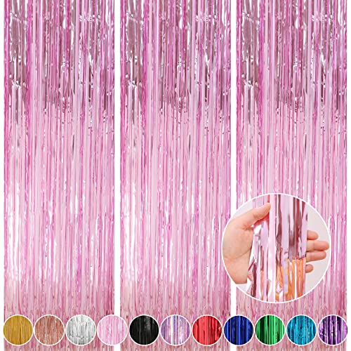 Crosize 3 Pack 3.3 x 9.9 ft Pink Foil Fringe Glitter Curtains Party Decorations, Tinsel Backdrop for Parties, Door Streamers for Birthday, Photo Booth Backdrops, Party Decor