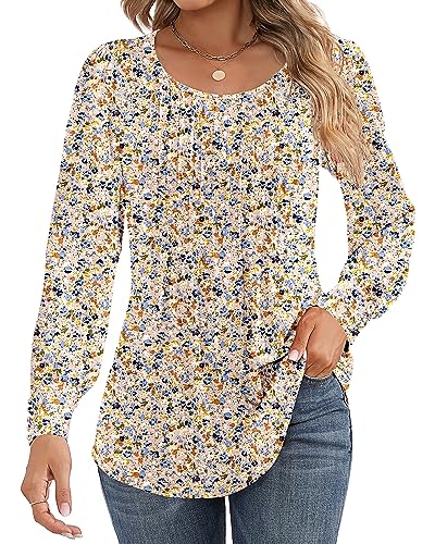Ficerd Women's Puff Long Sleeve Tunic Tops Pleated Crew Neck Blouses Dressy Casual Loose Fall and Winter T-Shirts (Long Sleeve Pink Floral,Medium)