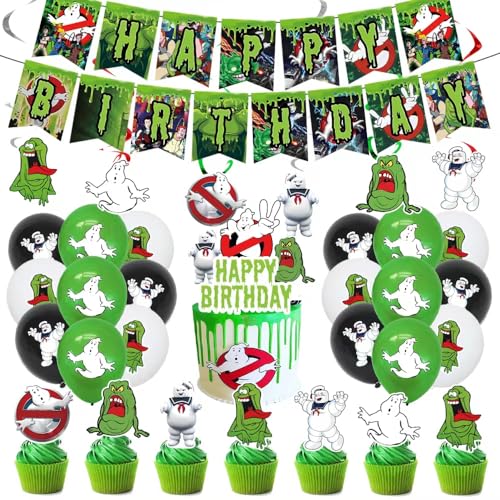 50 pcs Ghost Party Supplies Decor includes 1 Happy Birthday Banner,1 Cake Topper,24 Cupcake Toppers,6 Hanging Swirl and 18 Latex Balloons Ghost-buster theme Birthday Party Favors for Boys and Girls