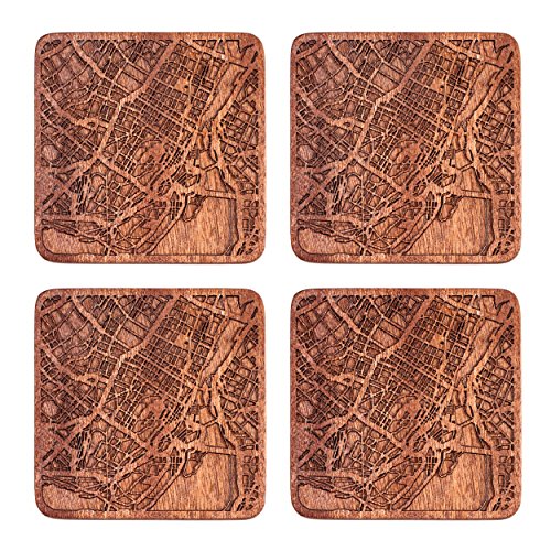 Montreal Map Coaster by O3 Design Studio, Set Of 4, Sapele Wooden Coaster With City Map, Handmade