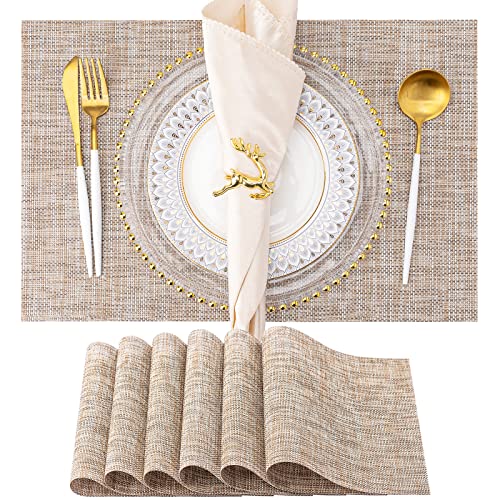 Placemats Set of 6 Washable Indoor/Outdoor Vinyl Place Mats for Dining Table PVC Weave Table Mats(Caramel)