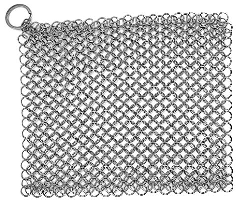 316 Stainless Steel Cast Iron Cleaner, Chainmail Scrubber, Skillet Grill Scraper with Hanging Ring Anti-Rust Made for Cast Iron Pans, Pre-Seasoned Pan, Waffle Iron, Dutch Oven Pans, 8 inch x 6 inch