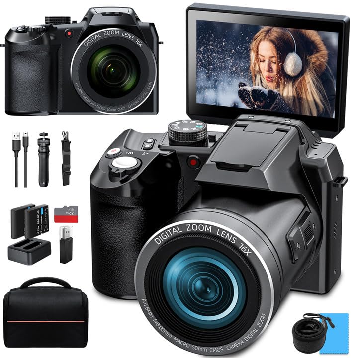 Monitech 64MP Digital Camera for Photography and Video, 4K Vlogging Camera for YouTube with 3’’ Flip Screen,16X Digital Zoom, WiFi& Autofocus,Cameras Strap&Tripod,2 Batteries, 32GB TF Card(S200，Black