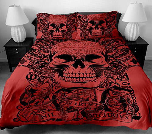 YSJ 3 PCS Skull Twin Full Queen King Duvet Cover Set with Zipper Closure,Ties-Black Red Skull Pattern Printed-King Size Bedding Set Comforter Protector Pillowcases (Queen)