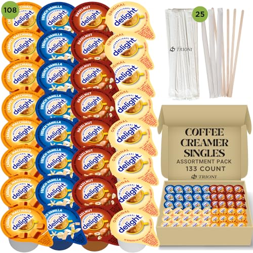 Coffee Creamer Singles Variety Pack Bundle Includes (108 ct) Caramel Macchiato, French Vanilla, Hazelnut Creamer and Original Coffee Creamer Singles with TRIONI Stirrers