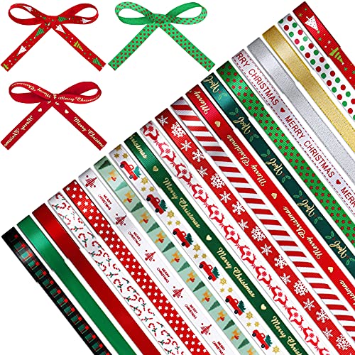 20 Rolls Christmas Grosgrain Ribbon Snowflake Christmas Tree Wrapping Ribbon Soft Craft Ribbon Christmas Polyester Satin Ribbon Hair Bow Clip Accessory for Christmas DIY Craft Decor, 2 Yard Each Roll