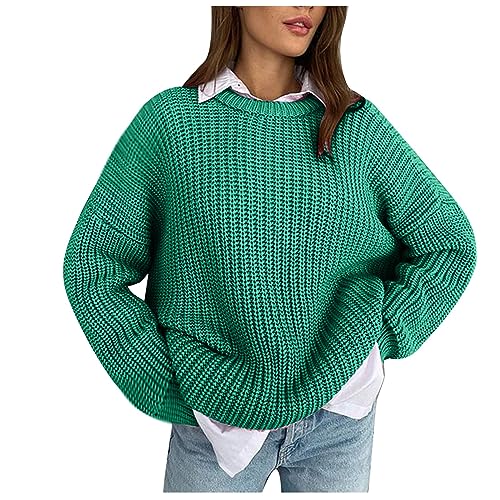 Same Day delivery Items Prime Women's Sweaters 2023 Fashion Loose Round Neck Solid Long-Sleeved Lazy Style Knitted Sweater Pullover Tops Cozy Sweater Green S