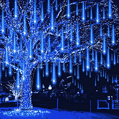 Weepong Meteor Shower Lights Outdoor Christmas Lights UL Certified Falling Rain Drop Lights Snowfall Icicle Cascading String Lights for Xmas Holiday Tree Garden Decor Blue, 12Inch 8Tubes