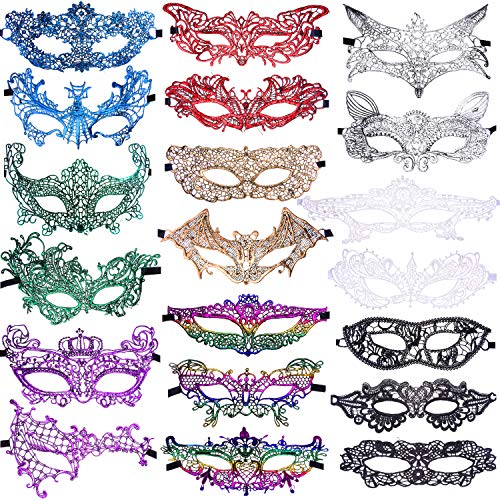 SIQUK 20 Pieces Lace Masquerade Mask Women Venetian Masks Lace Mask for Masquerade Evening Prom Ball Bachelorette Party and Costumes, 9 Colors