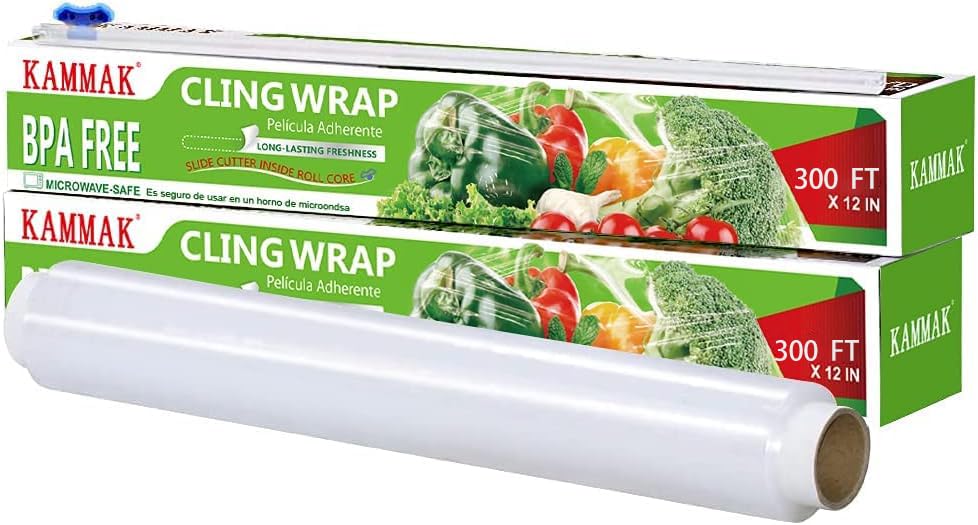 KAMMAK Plastic Wrap Cling Wrap with Slide Cutter Food Service Clear Cling Film 12 inch 300 ft Roll BPA-Free Microwave-Safe Kitchen Food Wrap Quick Cut (Pack of 2)