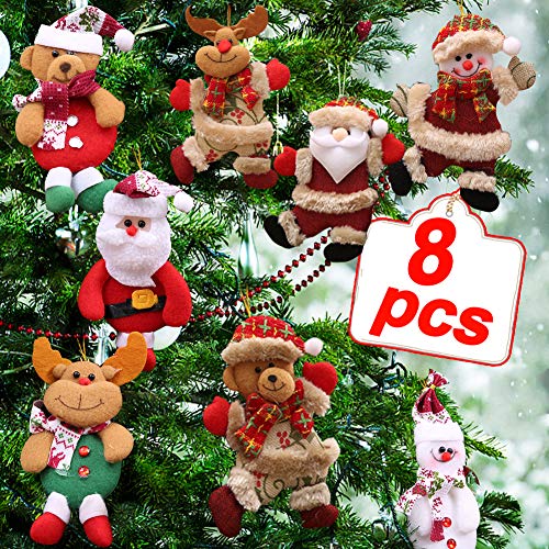 Plush Christmas Ornaments Set, 8 Pieces Hanging, Decorations Santa/Snowman/Elk/Bear Ornaments for Christmas Tree Pendant Holiday Party Decor
