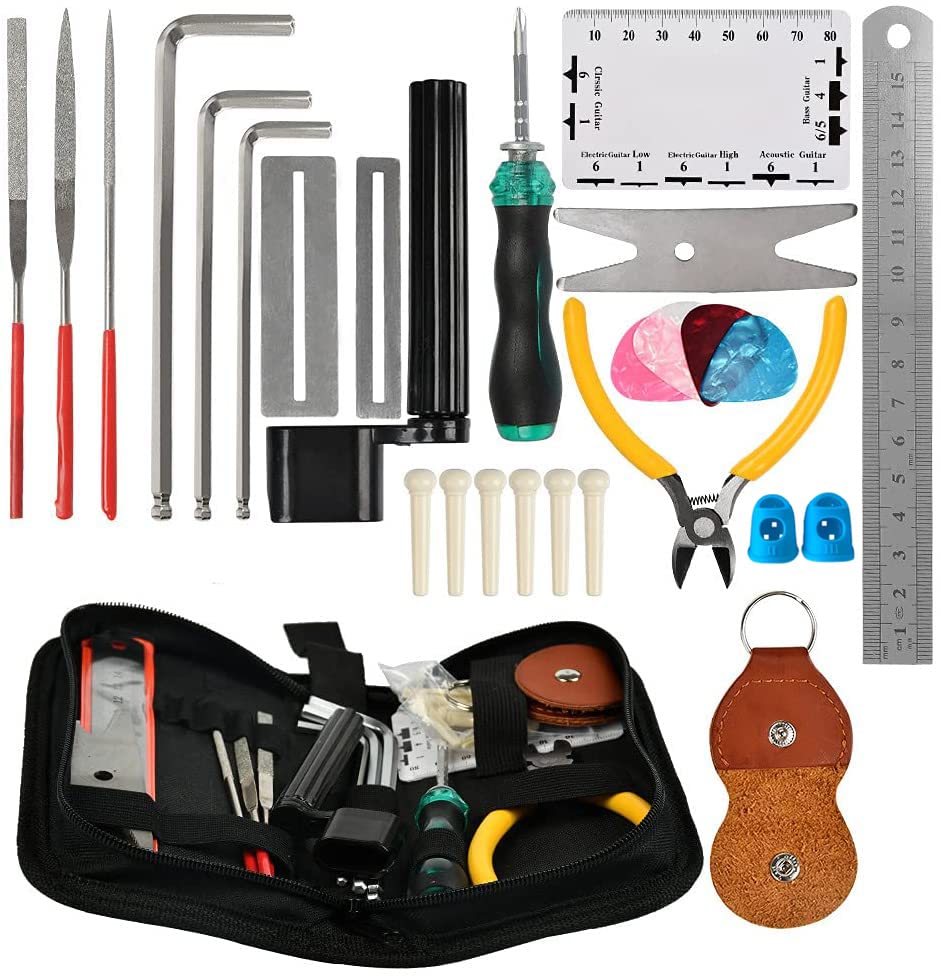 Guitar Tool Kits, 28Pcs Repair Setup Maintenance Adjustments with Carry Bag DIY for Electric Guitar, Ukulele, Bass Banjo & Other Stringed Instruments Beginner Professionals Luthier Easy Use