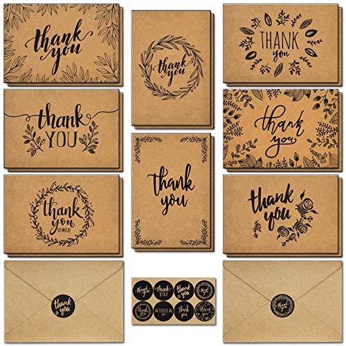 caqpo Thank You Cards With Envelopes - 160 Sets Premium Kraft Thank You Cards Bulk - Thank You Notes with 8 Graceful Designs - Floral Thank You Card for Celebration, Wedding, Baby & Bridal Shower 4x6