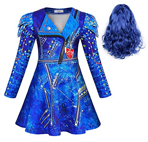 AmzApparel Evie Costume for Girls Descendants Cosplay Clothes Party Fancy Dress Up Long Sleeves Princess Dresses Halloween Outfits with Wig (5-6 Years, Blue)