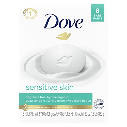 Dove Beauty Bar More Moisturizing Than Bar Soap for Softer Skin, Fragrance Free, Hypoallergenic Sensitive Skin With Gentle Cleanser 3.75 oz (Pack of 8)