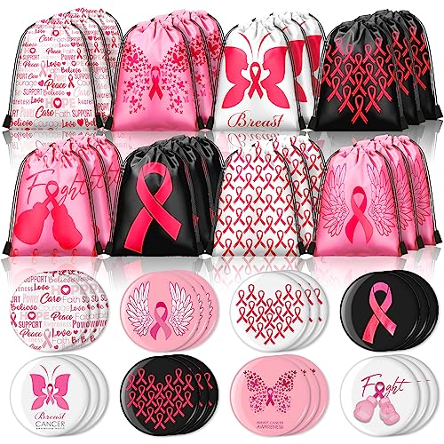 Sweetude 48 Pcs Breast Cancer Awareness Drawstring Bag and Pink Ribbon Buttons Badge Decorations, Breast Cancer Awareness Bulk Items Round Breast Cancer Badge Pin Drawstring Backpack for Women Girls