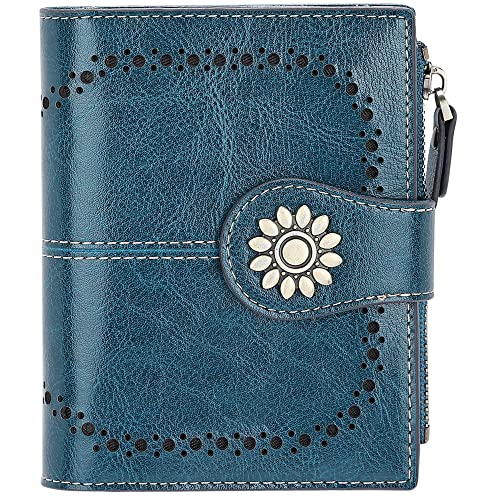 Lavemi Womens Leather Wallet Small Compact RFID Blocking Credit Card Case Purse with Zipper Pocket(Peacock Green)