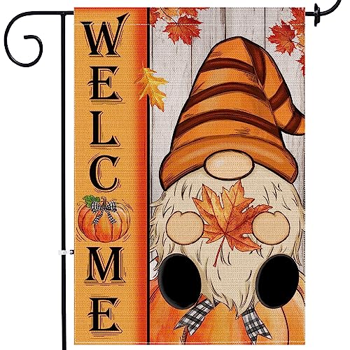 Hexagram Fall Thanksgiving Garden Flag 12x18 Double Sided, Burlap Fall Thanksgiving Decorations Outdoor Welcome Yard Flag, Orange Gnome Pumpkin Garden Flag Thanksgiving Decor for Yard Porch Garden