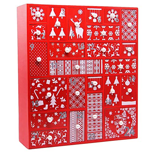 Juegoal Red Advent Calendar with 24 Drawers Countdown to Christmas, Refillable Wooden Advent, 15 Inches Tall