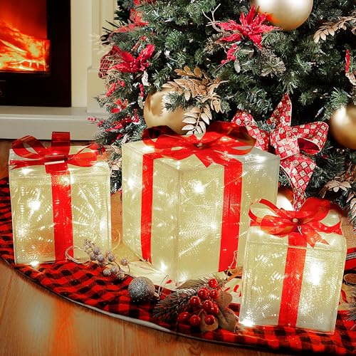 Lulu Home Christmas Box Decorations, Set of 3 Light Up Christmas Present Boxes with Red Bows, Plug-In 60 LEDs Warm White Lighted Xmas Boxes for Christmas Tree Holiday Indoor Outdoor Decors