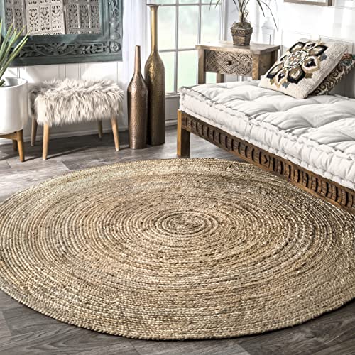 nuLOOM 6 Round Rigo Jute Hand Woven Area Rug, Natural, Solid Farmhouse Design, Natural Fiber, For Bedroom, Living Room, Dining Room, Hallway, Office, Kitchen, Entryway
