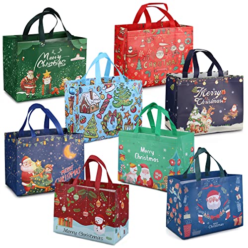 PARSUP 8PCS Christmas Gift Bags,Christmas Tote Bags with Handles, Christmas Treat Bags, Multifunctional Non-Woven Christmas Bags for Gifts Wrapping Shopping, Xmas Party Supplies, 12.8'×9.8'×6.7'