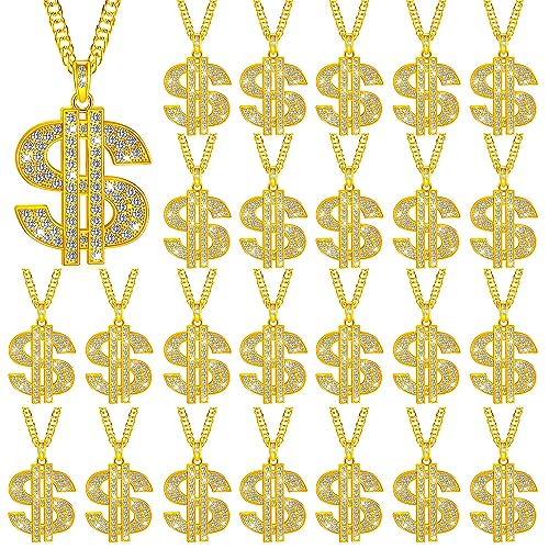 24 Pcs Gold Dollar Sign Chain for Men Hip Hop Dollar Necklace Gold Necklace Dollar Sign Necklaces for Men Rapper Halloween, 27.6 Inch Long