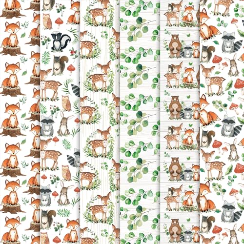 Whaline 6Pcs Woodland Cotton Fabric Bundles Woodland Animal Eucalyptus Printed Fat Quarters Sewing Fabrics for DIY Handmade Crafting, 18 x 22 Inch