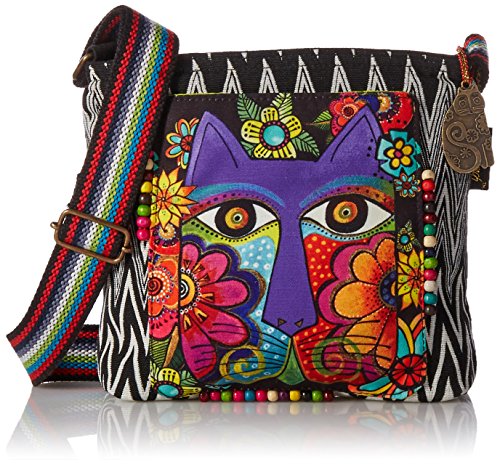 Laurel Burch 138199 Crossbody 13.5'X4'X10', Blossoming Feline,Blk/Wht/Pur