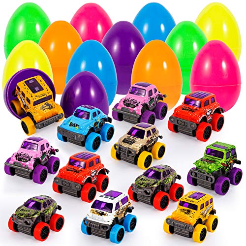 12PACK Easter Eggs PreFilled with Alloy Pull Back Cars for 3-6 Year Old Boys, Pullback Monster Vehicles Toys for Easter Party Favors, Easter Basket Stuffers, Easter Egg Fillers, Easter Eggs Hunt.