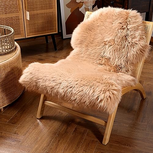 IRIWOOL Premium Genuine Fur Sheepskin Rug Real Australia Sheepskin Natural Luxury Fluffy Lambskin Fur Area Rug Seat Covers for Kids Bedroom Sofa Chair Cover (Light Brown, Single Pelt/2ft x 3ft)