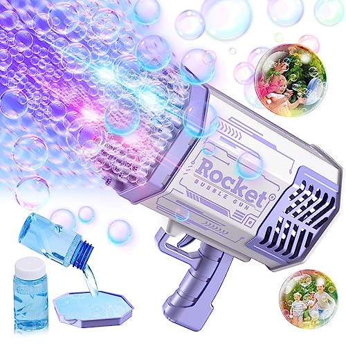 SHCKE Bubble Machine Gun with Colorful Lights,Bubble Solution,69 Holes Rocket Bubble Machine,Summer Outdoor Toy for Kids, Idea for Christmas Birthday Parties Wedding [Purple]