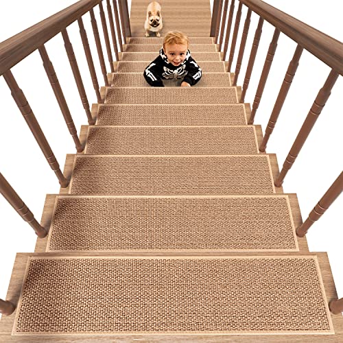 PADOOR Non Slip Stair-Treads,Rubber Backing Stair-Runners for Wooden Steps,15PCS Residue Free Carpet Stair Treads for Kids and Dogs 8'x30' Beige