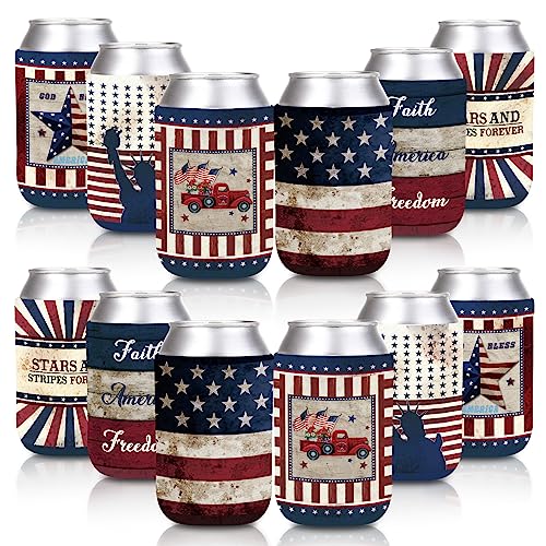 Whaline 12Pcs Patriotic Can Sleeves 4th of July Can Covers Insulators Retro USA Flag Stars Stripes Print Neoprene Thermocoolers for Beverages Bottle Can Decor Independence Day Party Supplies, 6 Design