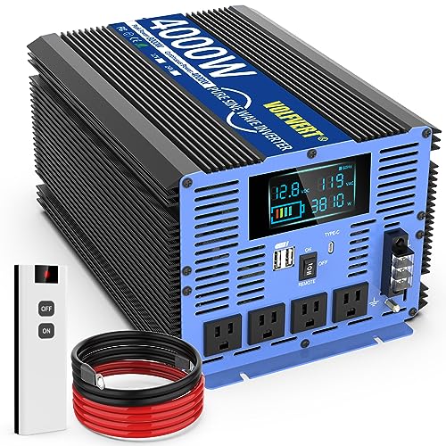 4000W Pure Sine Wave Power Inverters DC 12V to AC 110V 120V with Type-C 4 AC Outlets Dual USB Ports Terminal Blocks LCD Display Wireless Remote Controller for Home RV Solar System Car
