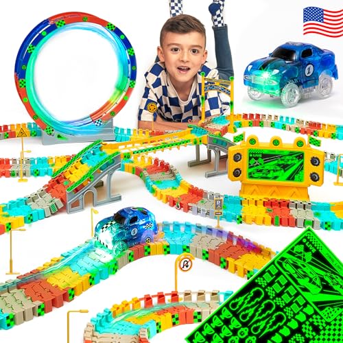 JITTERYGIT Race Track Glow in The Dark Magic Toy Set, Kids Light Up Flexible Car Tracks - Best Birthday Gift for Boys Girls and Toddlers 3 4 5 6 7 8 Year Old