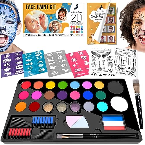 Face Painting Kit for Kids Party - 20 Non-Toxic Water-Based Paints, 3 Glitters, 2 Hair Chalks, Combs, 3 Brushes, 40 Stencils, 2 Tattoo Sheets - Professional Facepaint Makeup Kit for Sensitive Skin