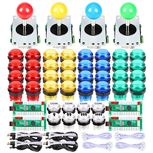 EG STARTS 4 Player Classic DIY Arcade Joystick Kit Parts USB Encoder To PC Controls Games + 4/8 Way Stick + 5V led Illuminated Push Buttons Compatible Video Game Consoles Mame Raspberry Pi & 4 Colors