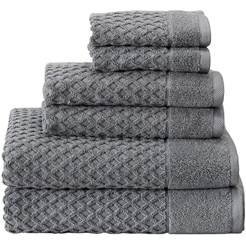 Great Bay Home 100% Cotton Bath Towel and Washcloth Sets | 2 Bath Towels, 2 Hand Towels, and 2 Washcloths | Quick Dry Bath Towels | Grayson Collection (6 Piece Set, Diamond Dark Grey)