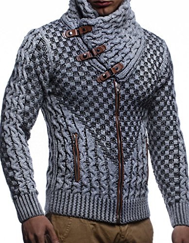 Leif Nelson Men's Knitted Jacket Turtleneck Cardigan Winter Pullover Hoodies Casual Sweaters LN5340; Size S, Grey-Black