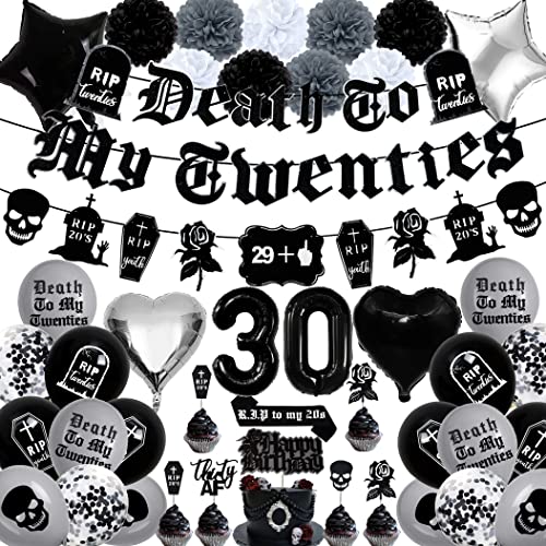30th Birthday Decorations Pack, Death to My 20s Party Supplies Including Birthday Banner Rip to My 20s Sash Number 30 Balloon Cake Cupcake Toppers Funeral for My Youth Funny Thirtieth Birthday Party