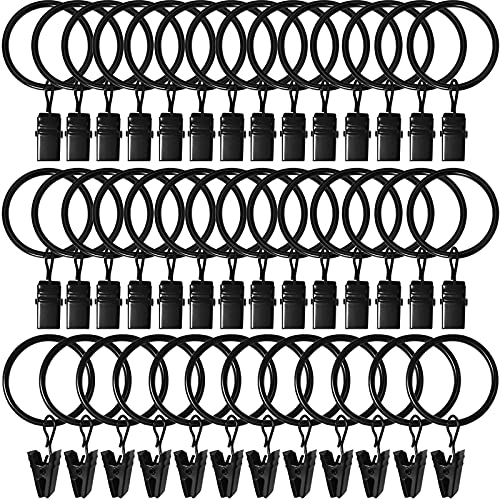 LLPJS 40 Pack Curtain Rings with Clips, Curtain Clip Rings Hooks, Bow Hanger Clips for Hanging Drapery Drapes Bows, Ring 1.26 inch Interior Diameter, Fits up to 1' Rod, Black