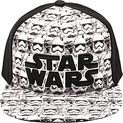 Disney mens Star Wars Embroidered Logo and Stormtrooper All Over Adjustable Snapback Baseball Hat with Flat Brim Black White One Size, Black, One Size US