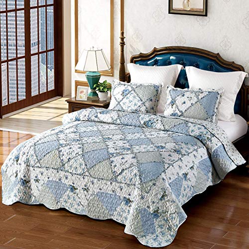 VIVILINEN Blue Floral Patchwork Quilt Set, Full Queen Size, 3 Piece Bedding Set with 2 Pillowcases