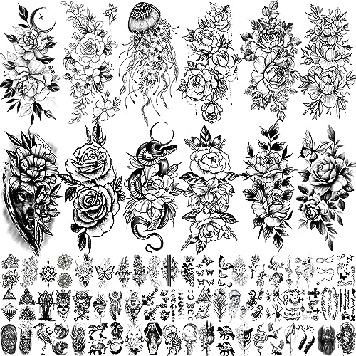 72 Sheets 3D Flowers Temporary Tattoos for Women, Fake Tattoos Body Art Arm Sketch Tattoo Stickers for Women and Girls