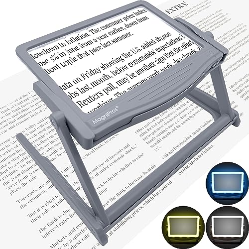 MAGNIPROS 5X Large LED Full Page Magnifying Glass with Detachable Hands-Free Stand & 3 Color Lighting Modes to Reduce Eye Strain, Ideal for Reading Small Print, Crafting, Low Vision & Seniors