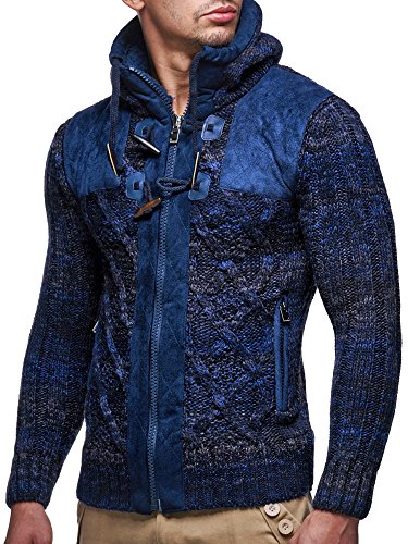 Leif Nelson LN20525 Men's Knit Zip-up Jacket With Geometric Patterns and Leather Accents; Size US M, Dark Blue