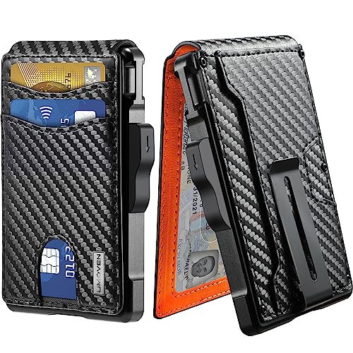 umoven Wallet for Men - with Money Clip Slim Leather Slots Credit Card Holder RFID Blocking Bifold Minimalist Wallet with Gift Box (Carbon Black and Orange)